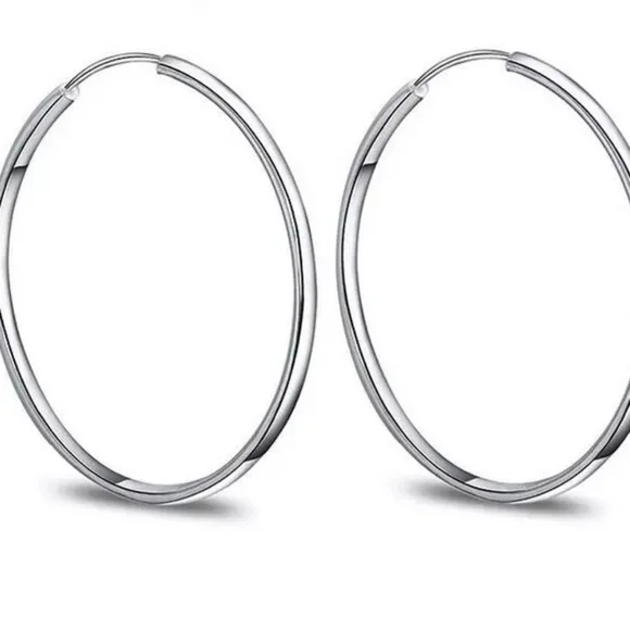 NEW Classic Large Circular 925 Silver Polished Hoop Earrings - Picture 9 of 13